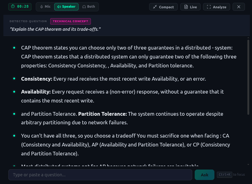 Saathra desktop app providing real-time AI guidance during a live interview