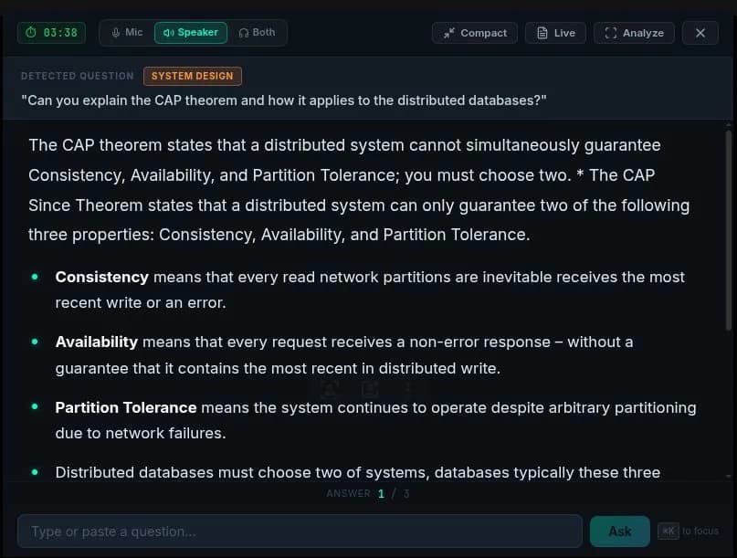 Saathra AI detecting a system design question and generating real-time answers during a live interview